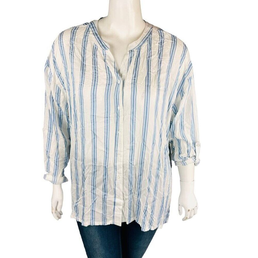 New Skinny Girl Womans Plus Size 2X Plus Blouse White Blue‎ Strip Roll Tab NWT